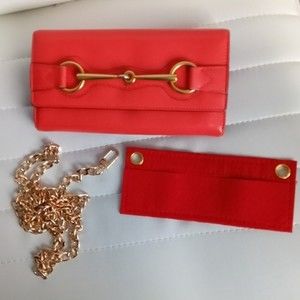 Gucci Red/Orange Leather Horse bit long wallet Authentic w/Chain & insert